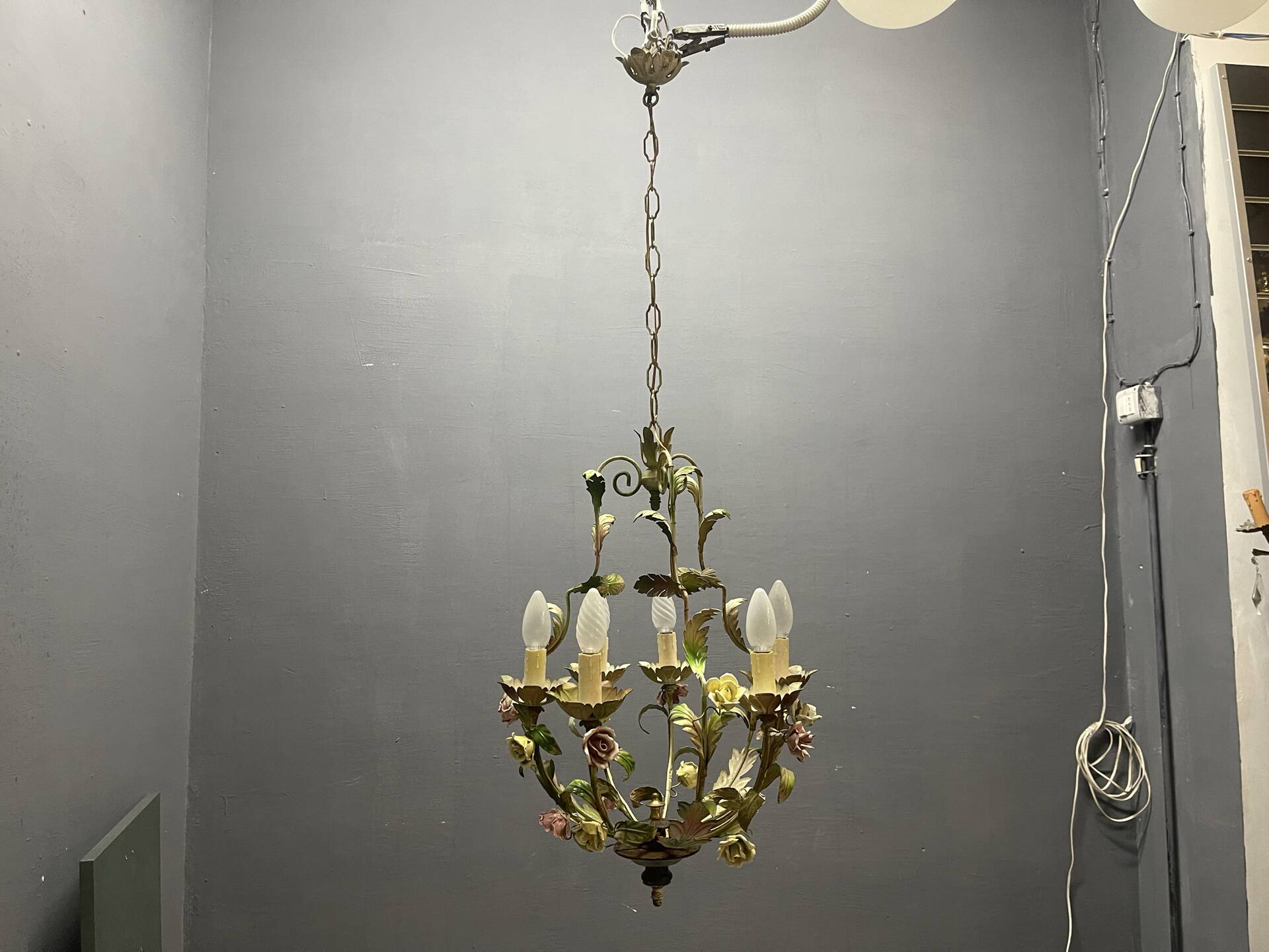 Tole Ceramic Flower Italian Chandelier 1960’s 