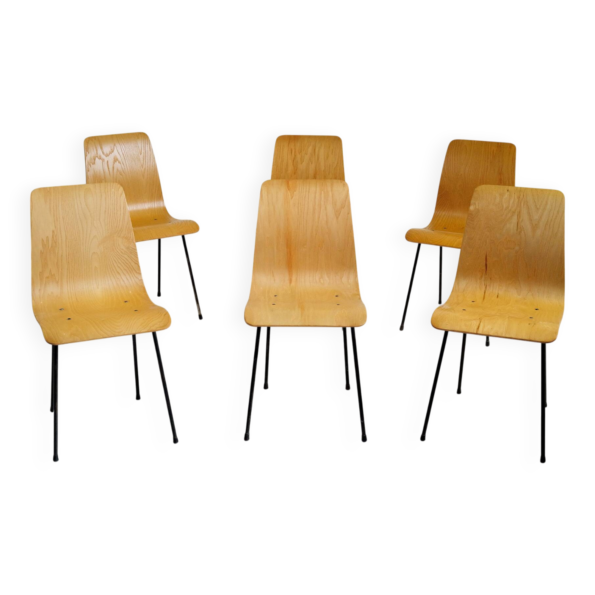 Set of 6 bent plywood chairs, 1950