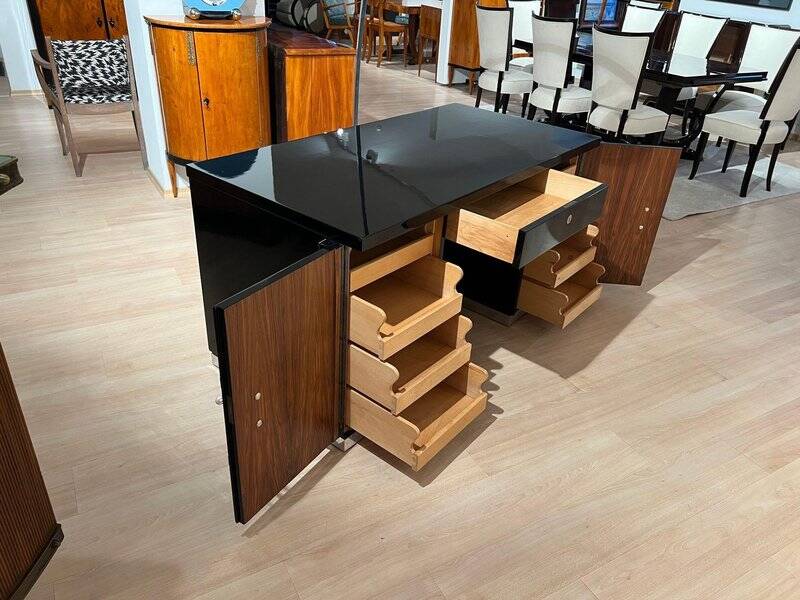 Art Deco Desk in Black Lacquer, Walnut & Metal, France, 1930s-1940s