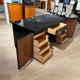 Art Deco Desk in Black Lacquer, Walnut & Metal, France, 1930s-1940s