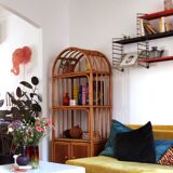 Woven rattan and bent bamboo arched bookcase display high wall cabinet.