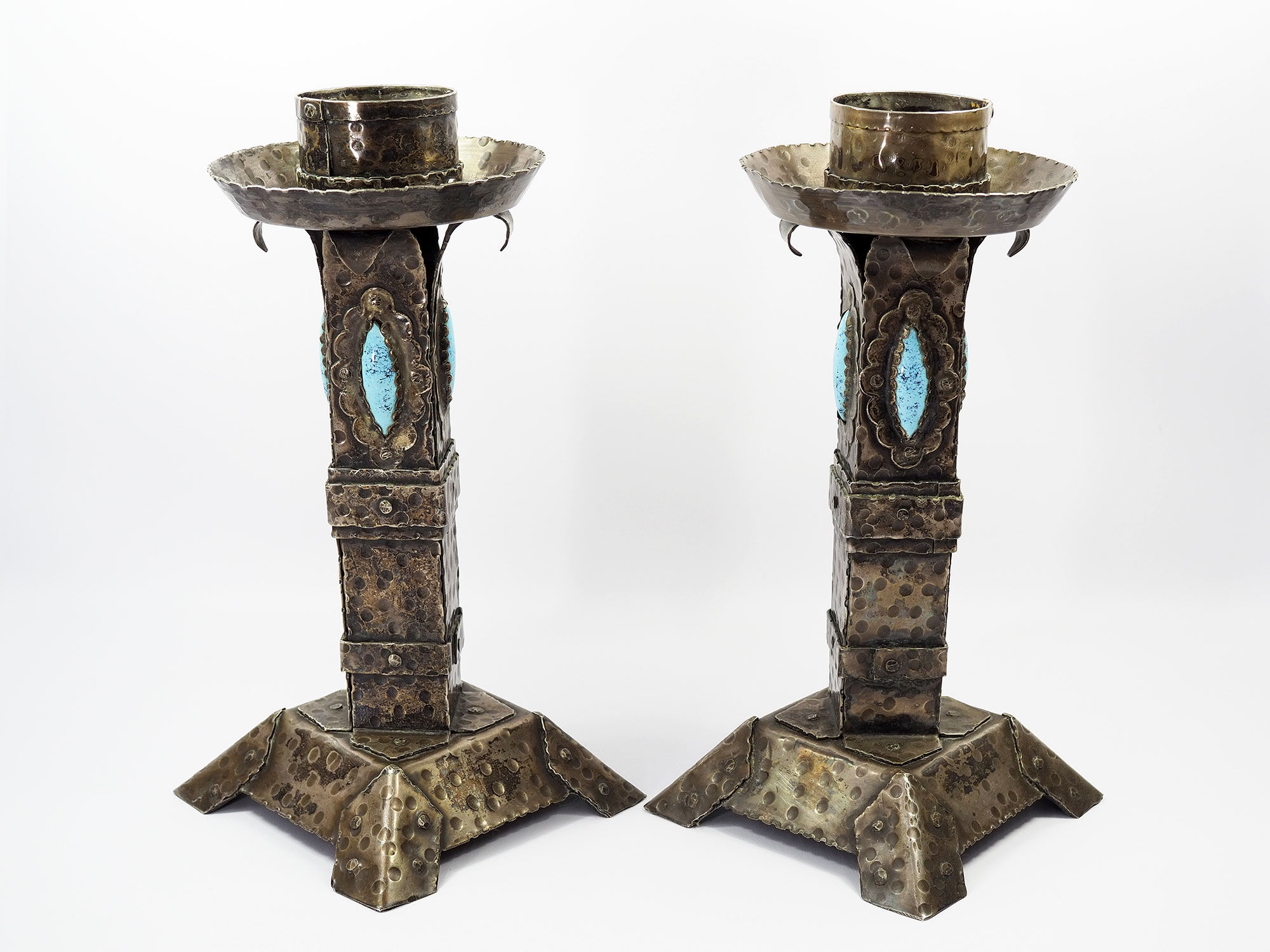 Arts and Crafts Style Forged Metal and Turquoise Glass Candlesticks