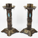 Arts and Crafts Style Forged Metal and Turquoise Glass Candlesticks