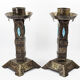 Arts and Crafts Style Forged Metal and Turquoise Glass Candlesticks