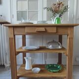 Meuble de métier vintage en chêne sur roulettes, 1 tiroir, 2 tablettes.