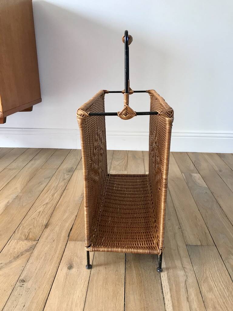 large wicker / rattan and black iron magazine rack from the 70s