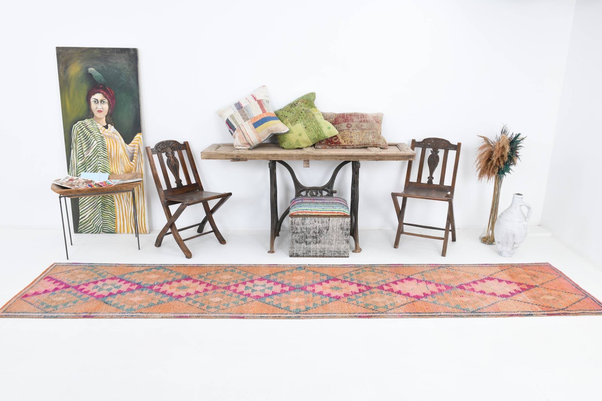 2x12 Rug For Kitchen Orange Herki Vintage Runner Rug, 73x369Cm