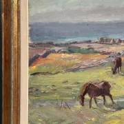 Original Swedish Oil on Canvas – "Coastal Scene with Horses" by Georg Lodström – Signed – 1947 – Framed – 77 × 66 cm