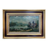 Animated landscape on the edge of a mountain lake, oil on canvas, painting from 19th century