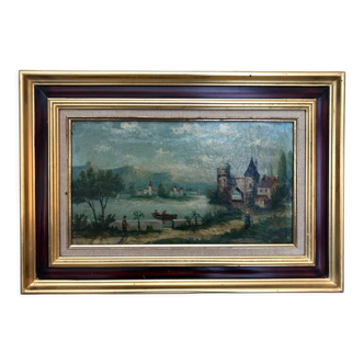 Paysage animé au bord d’un lac de montagne, huile sur toile, peinture du 19ème siècle