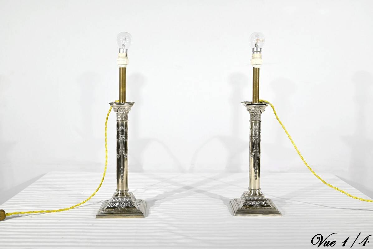 Pair of Electrified Torches in Silver Metal – Mid-19th Century