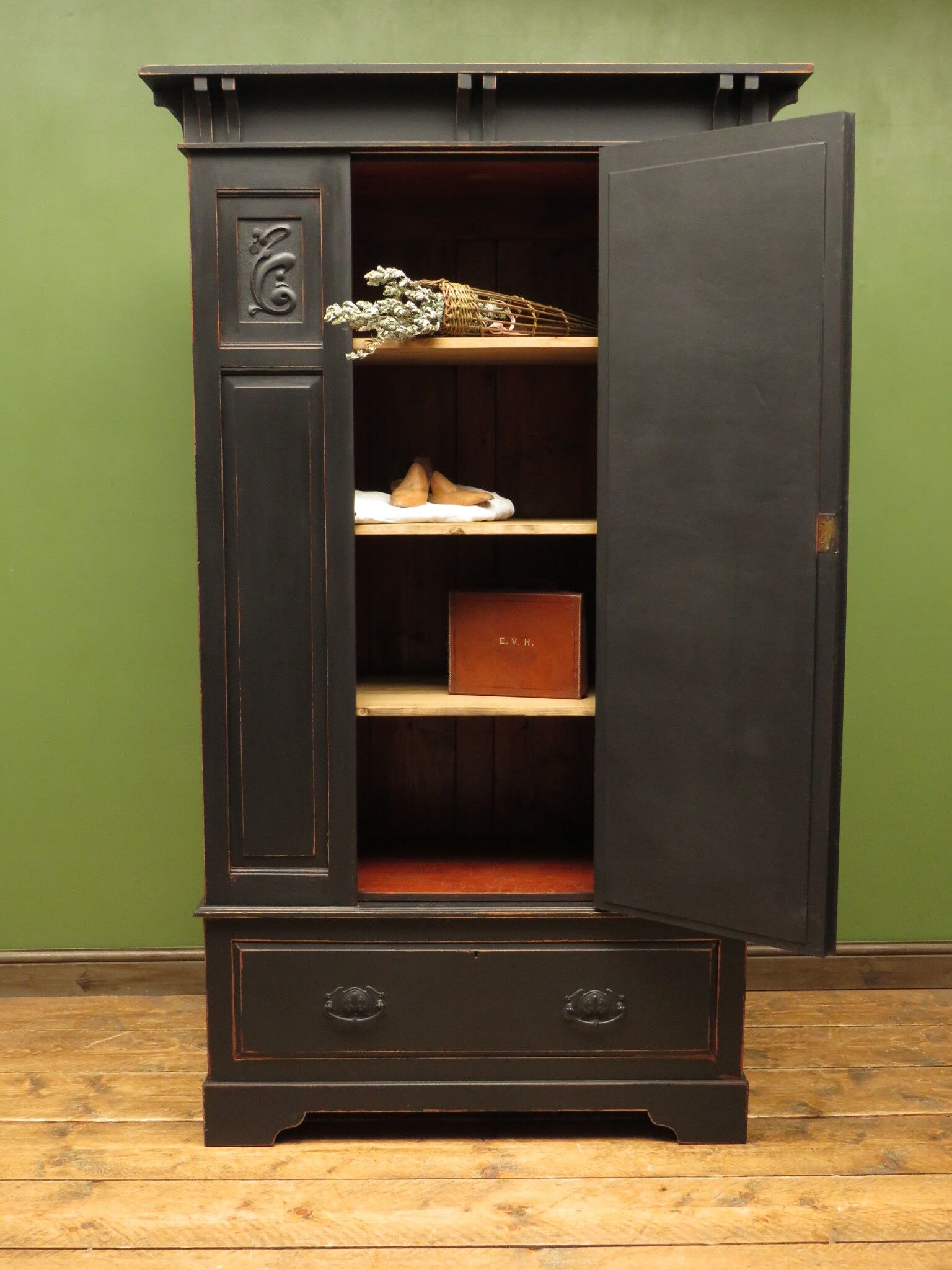 Black painted linen press wardrobe