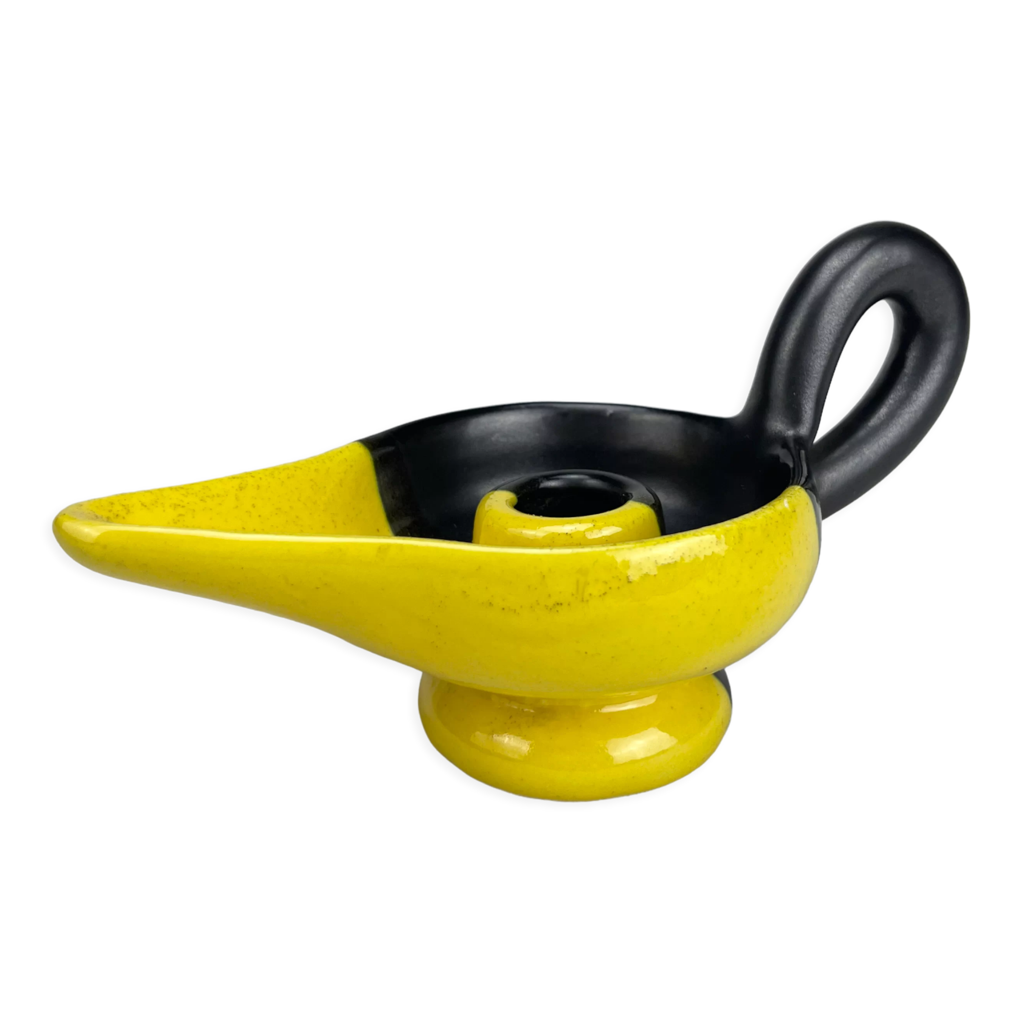 Mid-century yellow and black ceramic cellar rat candle holder