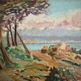 Huile sur carton représentant une côte rocheuse par M. Garrec XXe