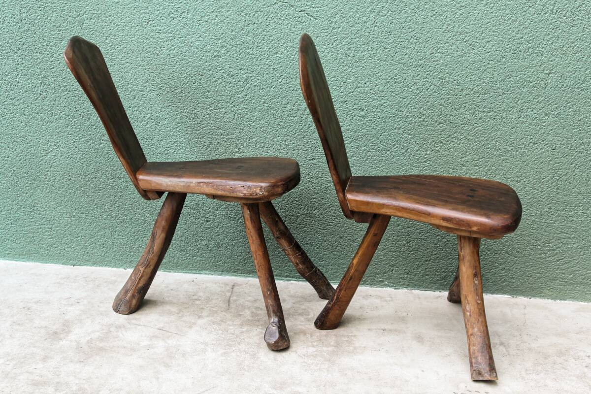 Pair of brutalist chairs in raw wood