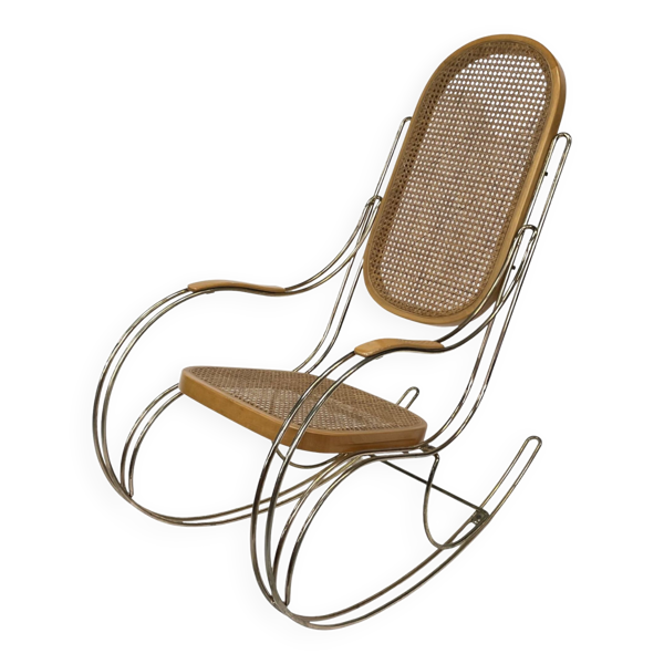 Rocking chair vintage en laiton et bois courbé 1970