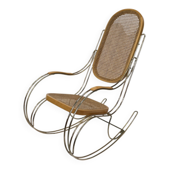 Rocking chair vintage en laiton et bois courbé 1970