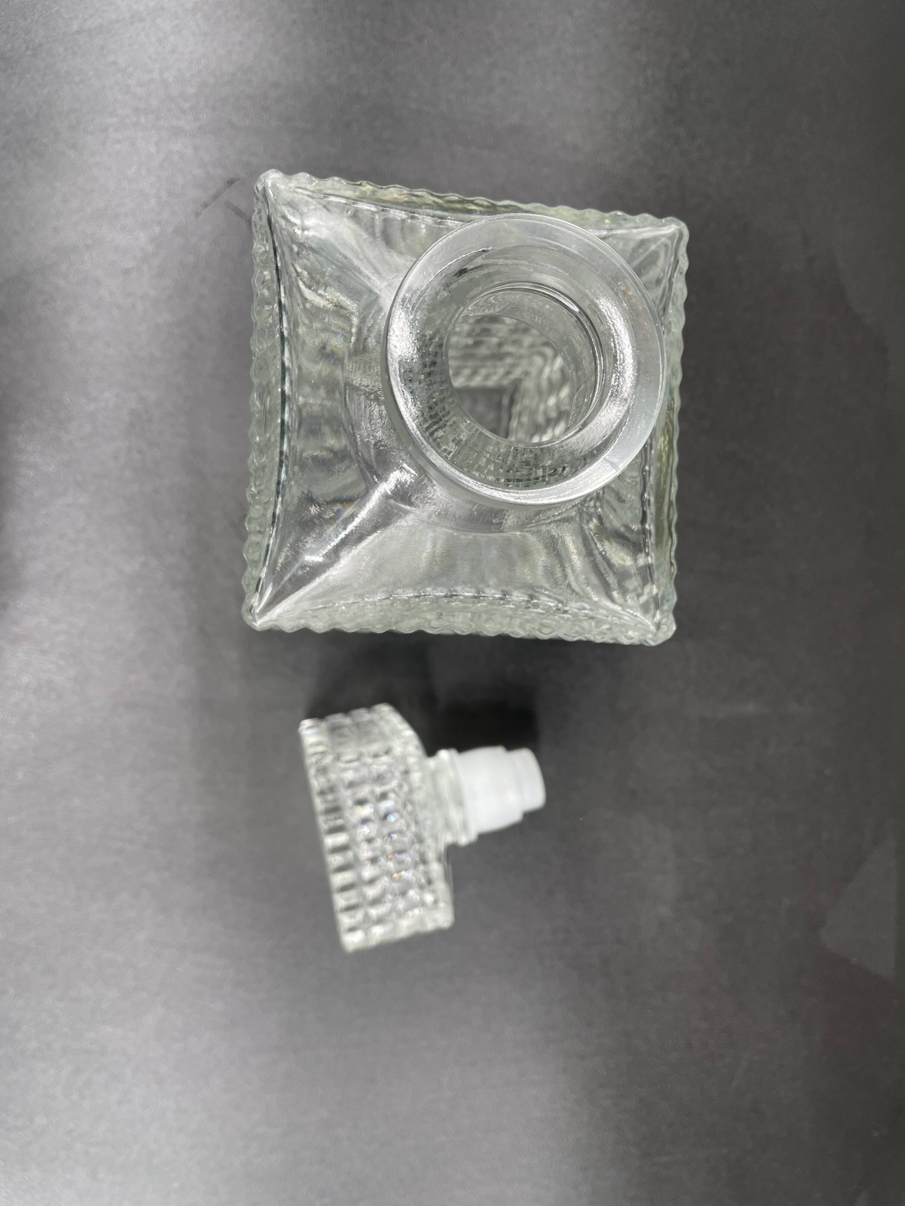 Vintage, whisky decanter, pitcher, bottle, square cap, diamond decoration, spikes, 1960s, 1970s