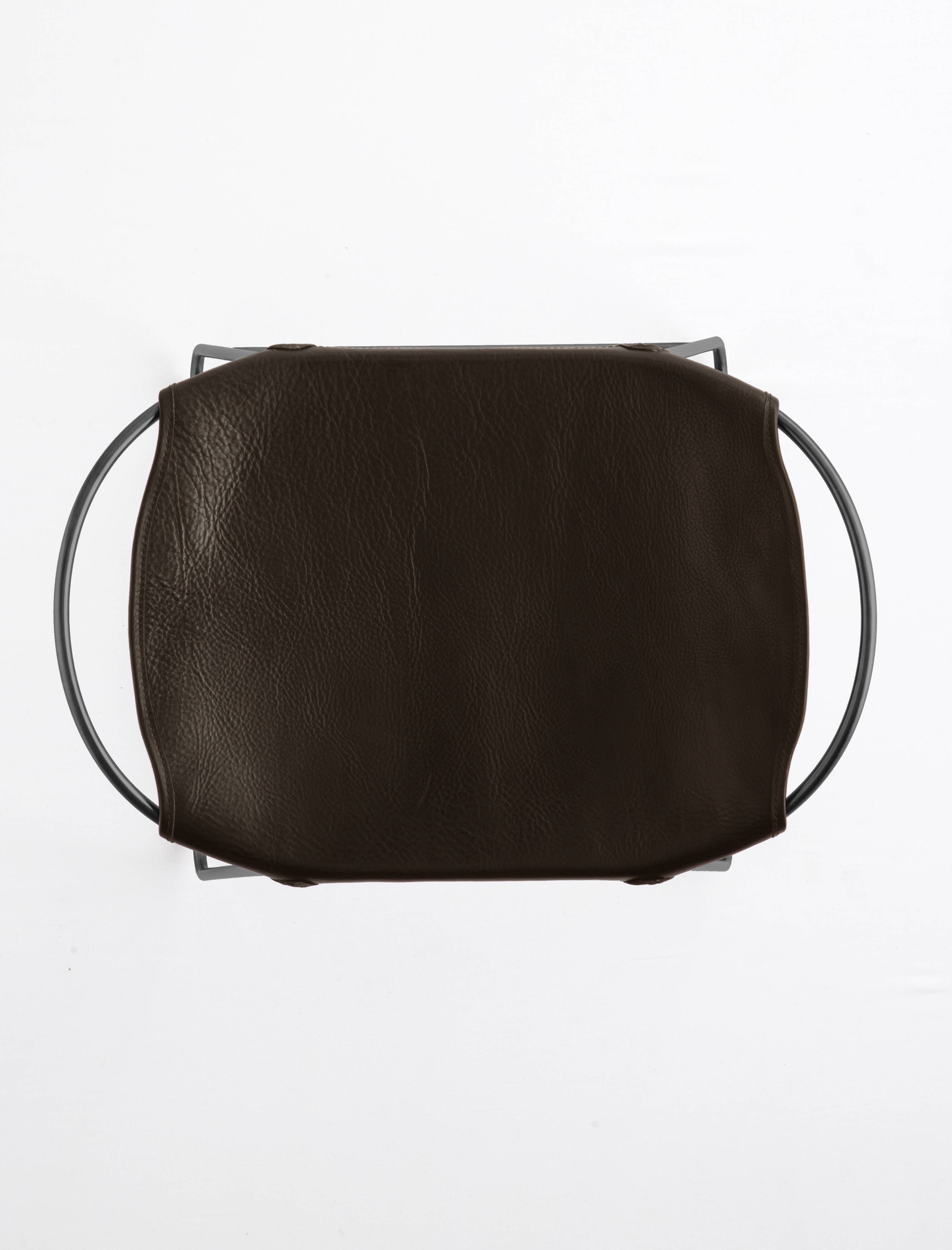 Contemporary Kitchen CounterStool Black Smoke Metal & Dark Brown Leather