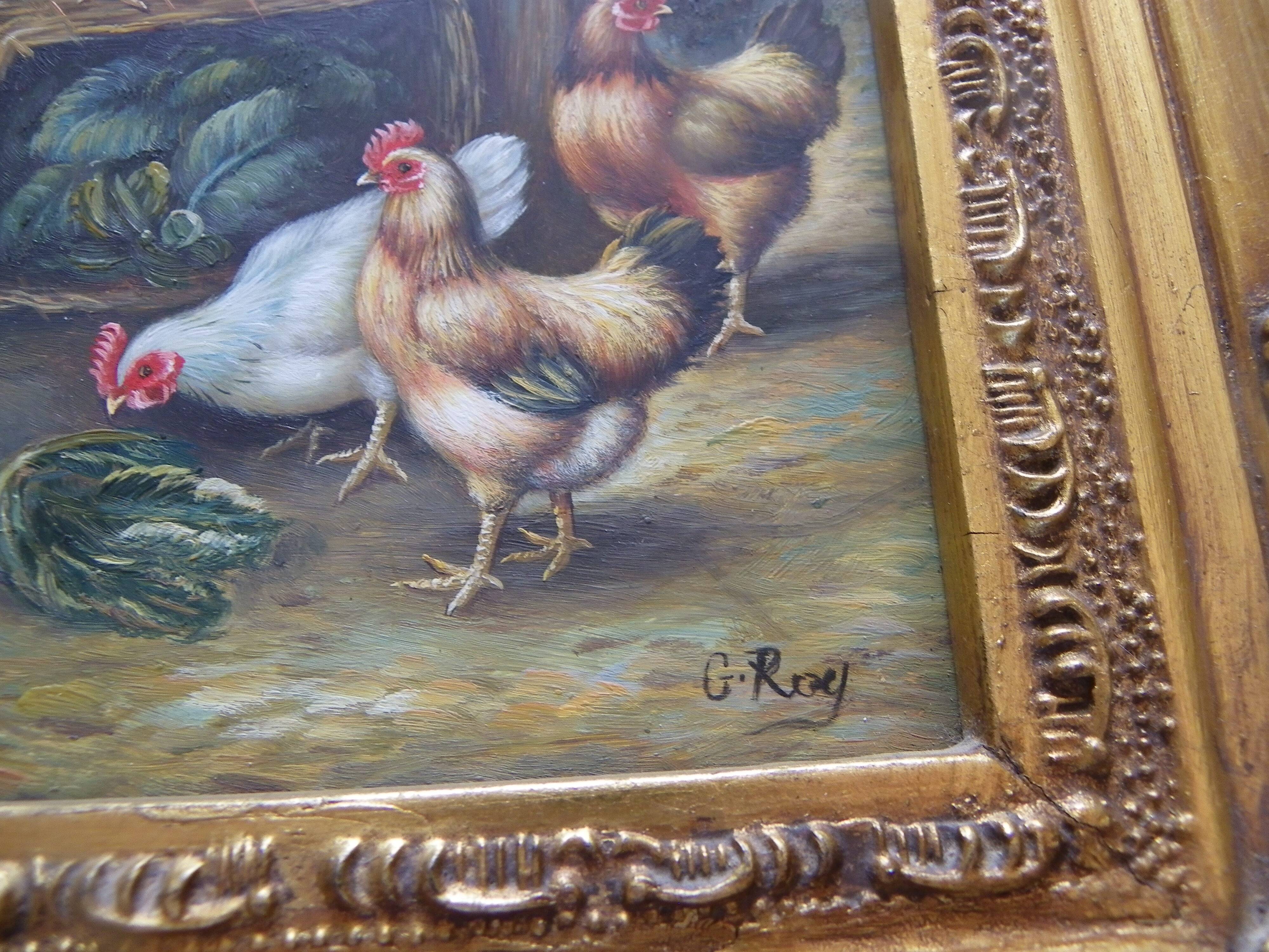 Oil painting on vintage panel framed in ornate gold frame, farmyard.