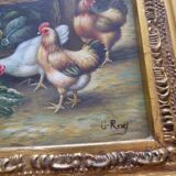 Oil painting on vintage panel framed in ornate gold frame, farmyard.