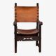Frailero armchair, antique Spanish — carved wood & full-grain leather throne.
