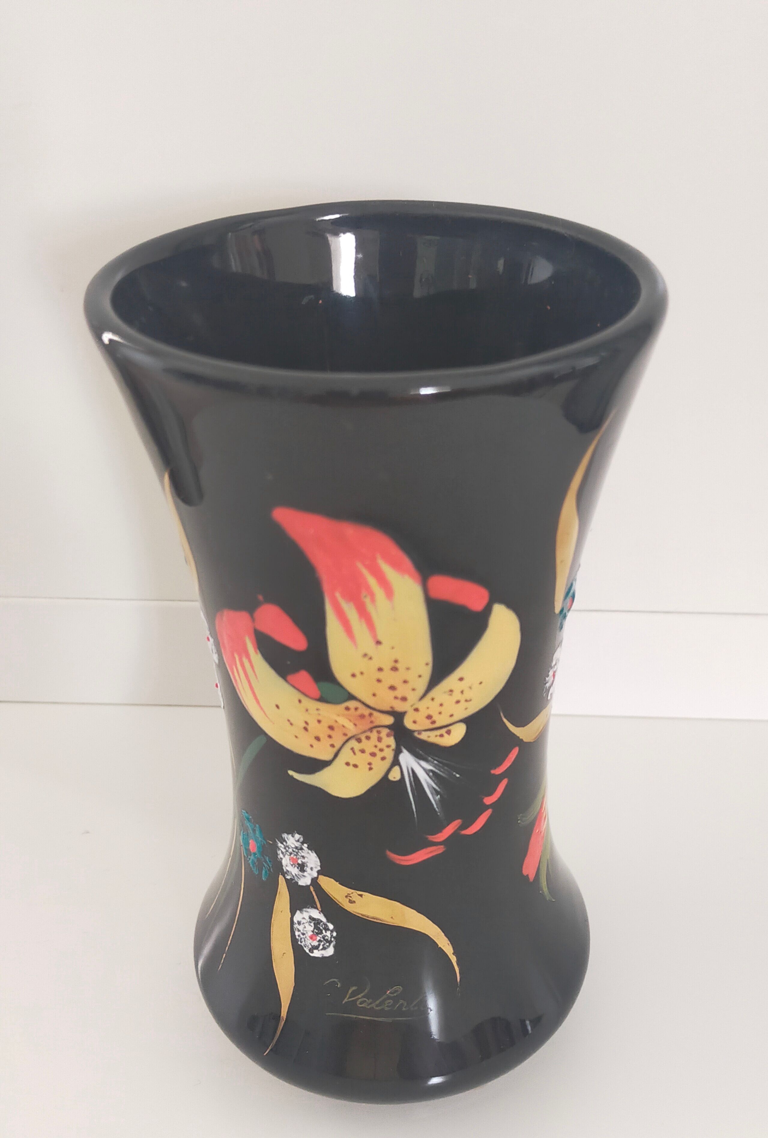 Longwy, Louis Valenti Black vase decorated with tiger lilies in polychrome enamels