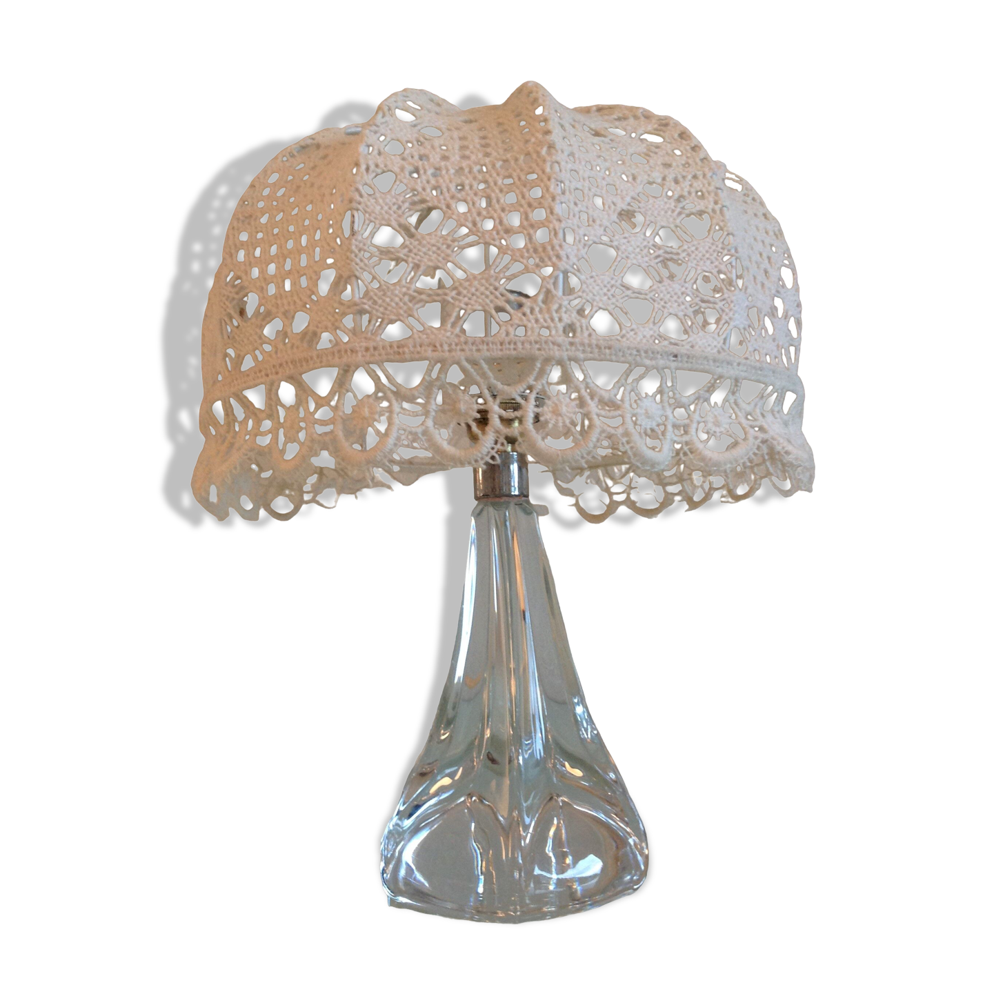 Bedside lamp glass foot and lampshade hook ecru / vintage 60s-70s