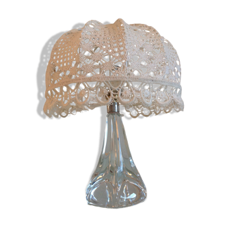 Bedside lamp glass foot and lampshade hook ecru / vintage 60s-70s