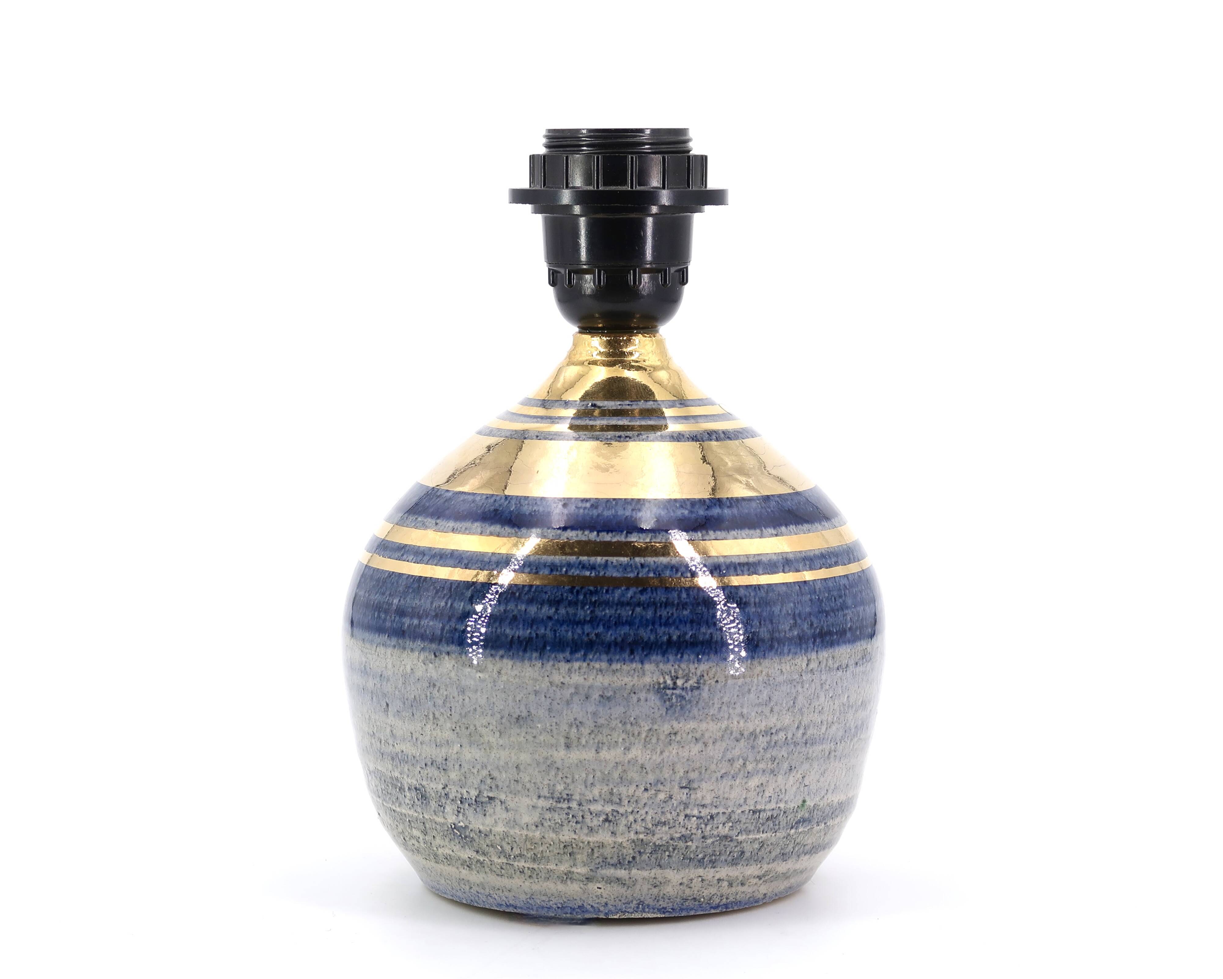 Blue and gold ceramic lamp by Georges Pelletier, raffia lampshade