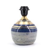 Blue and gold ceramic lamp by Georges Pelletier, raffia lampshade