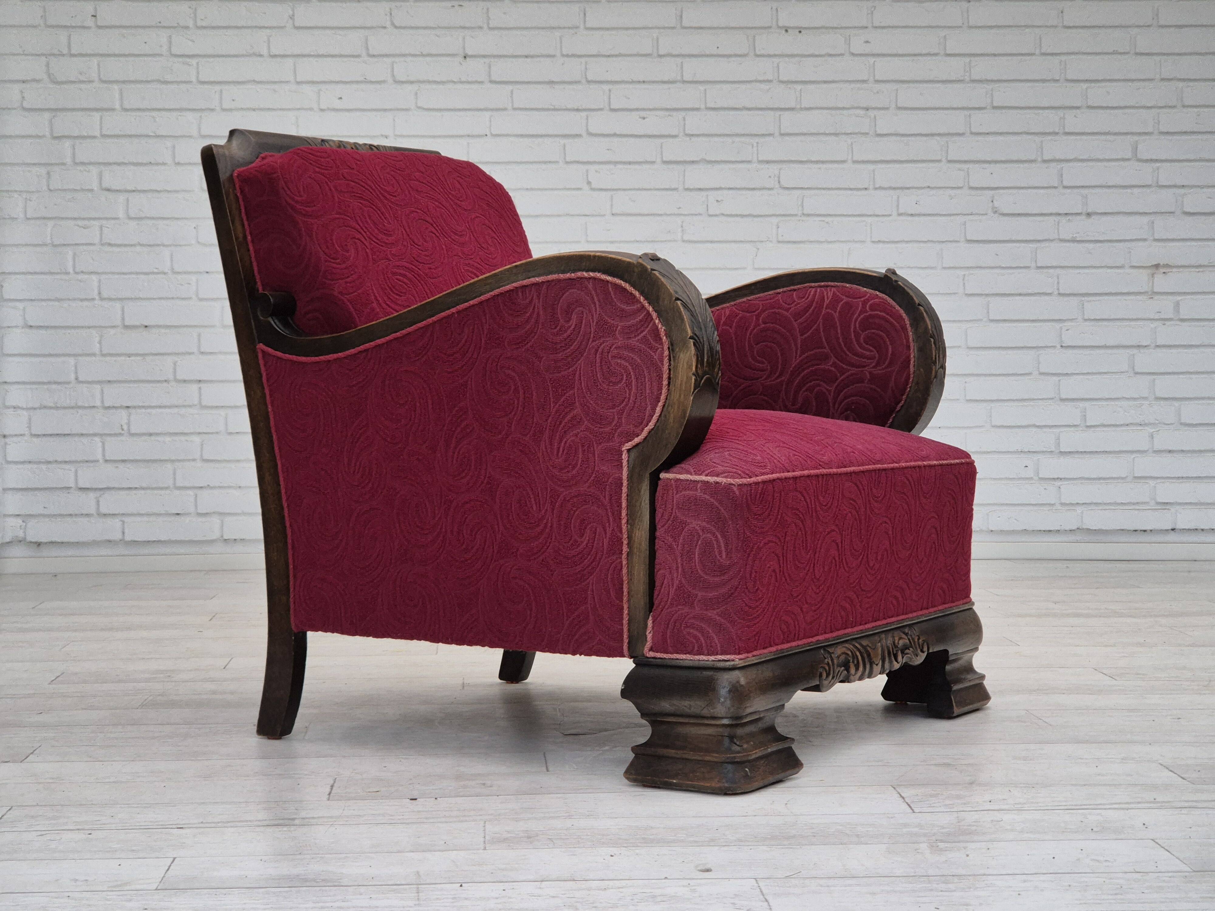 Fauteuil relax vintage danois des années 1950, tissu d'ameublement, bois de chêne, d'origine.