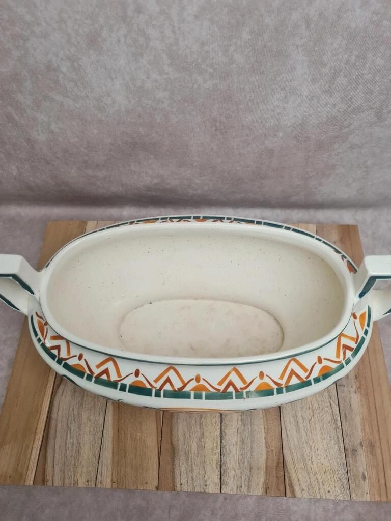Art Deco Jardinière Moulin des Loups Orchies – stylised green & terracotta decoration – double handle