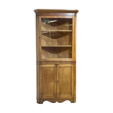 19th-century English corner cabinet in oak, mahogany, and fir.