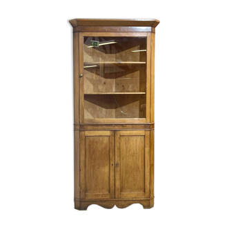 19th-century English corner cabinet in oak, mahogany, and fir.