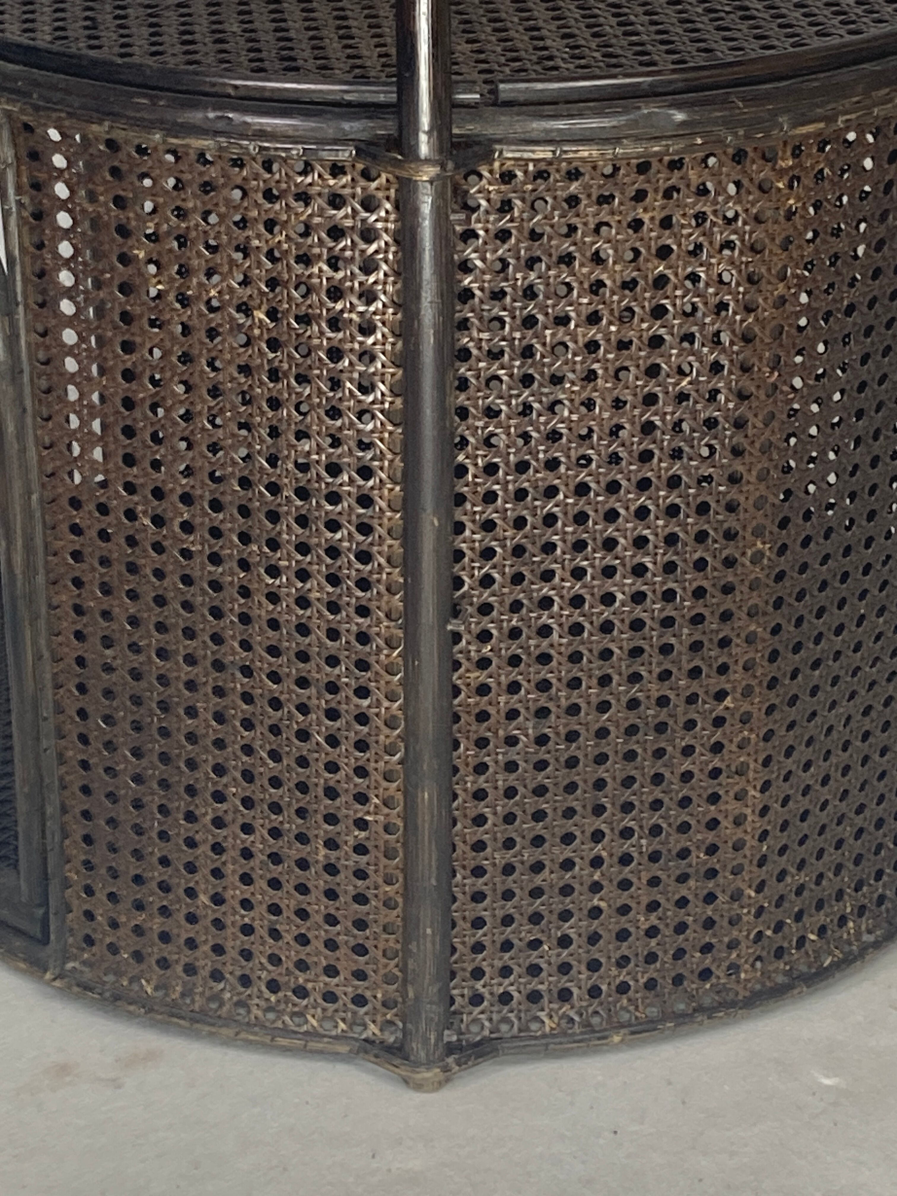 Faux bamboo rattan webbing side table with integrated hanging lamp, Dutch 1960s-1970s