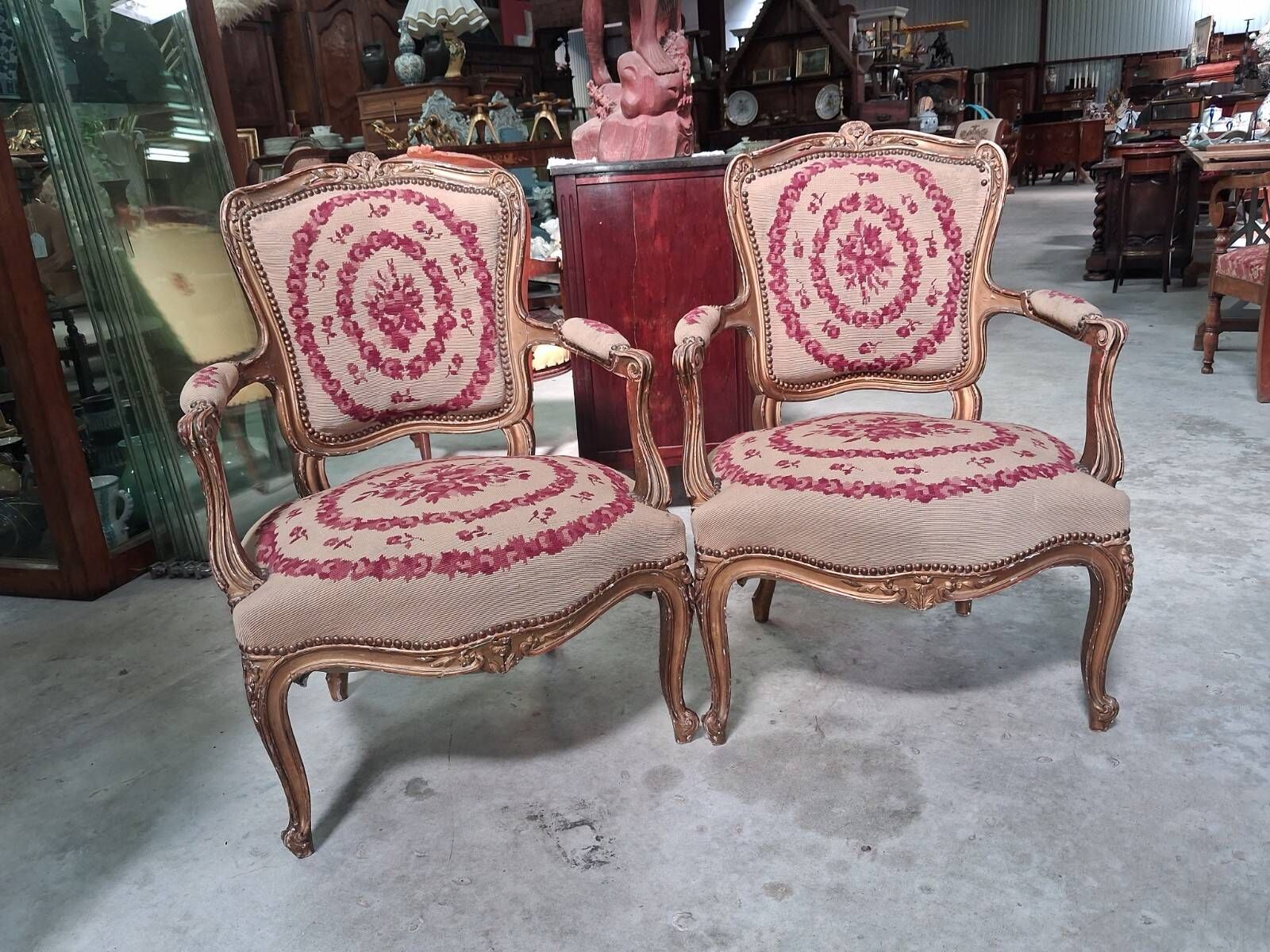 Pair of gold Louis XV style armchairs – Petit point upholstery