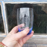 Set of 6 blue goblet glasses with engraved grape cluster patterns