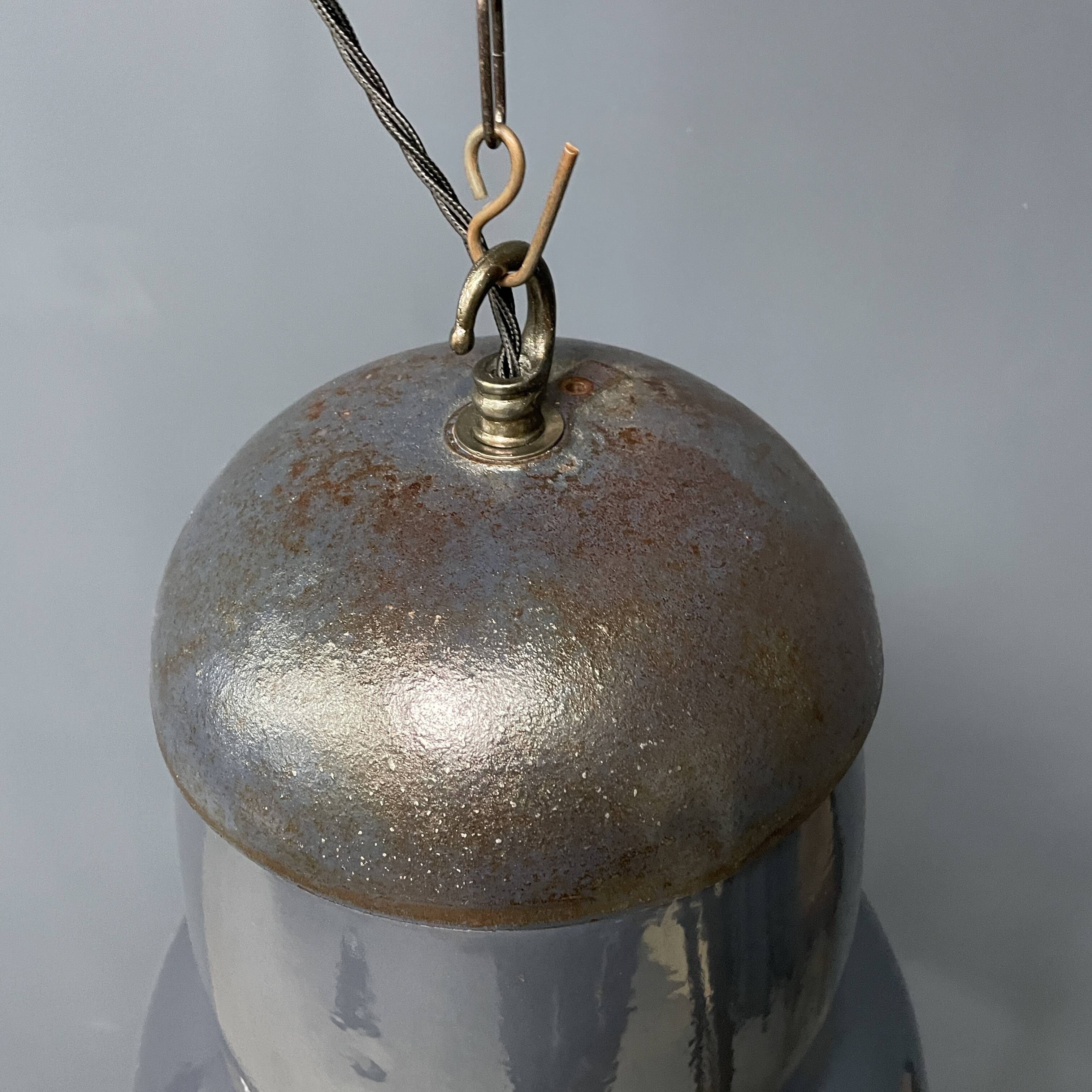 Large old industrial blue-gray enamel pendant lamp