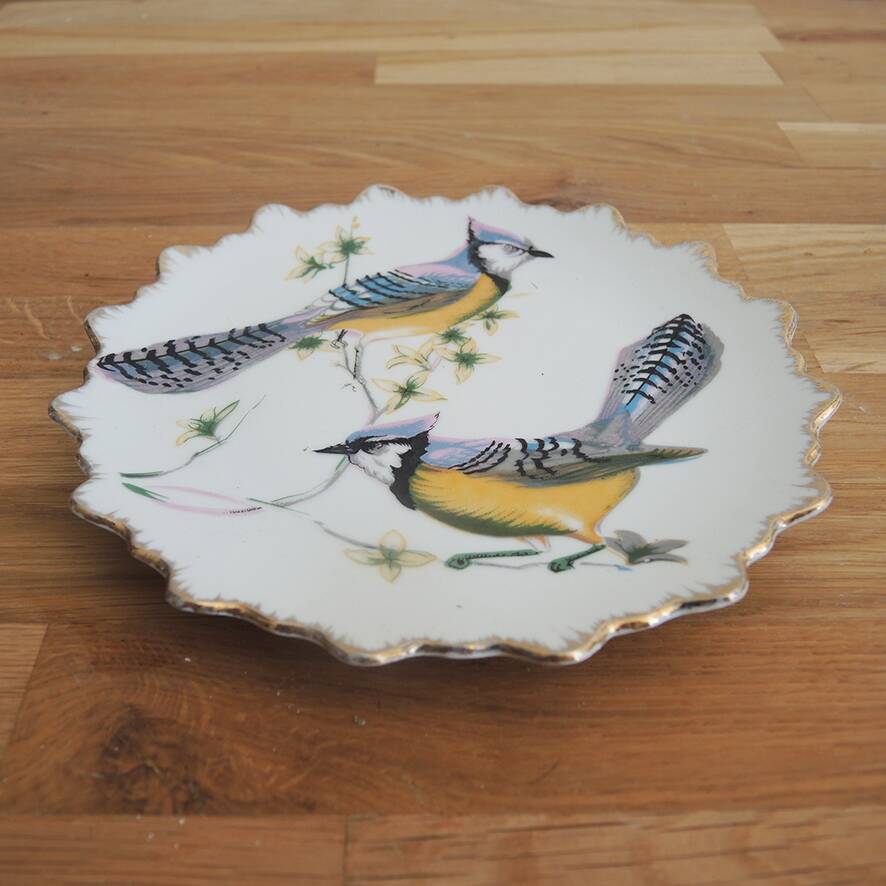 Old hand-painted ceramic plate: blue jays