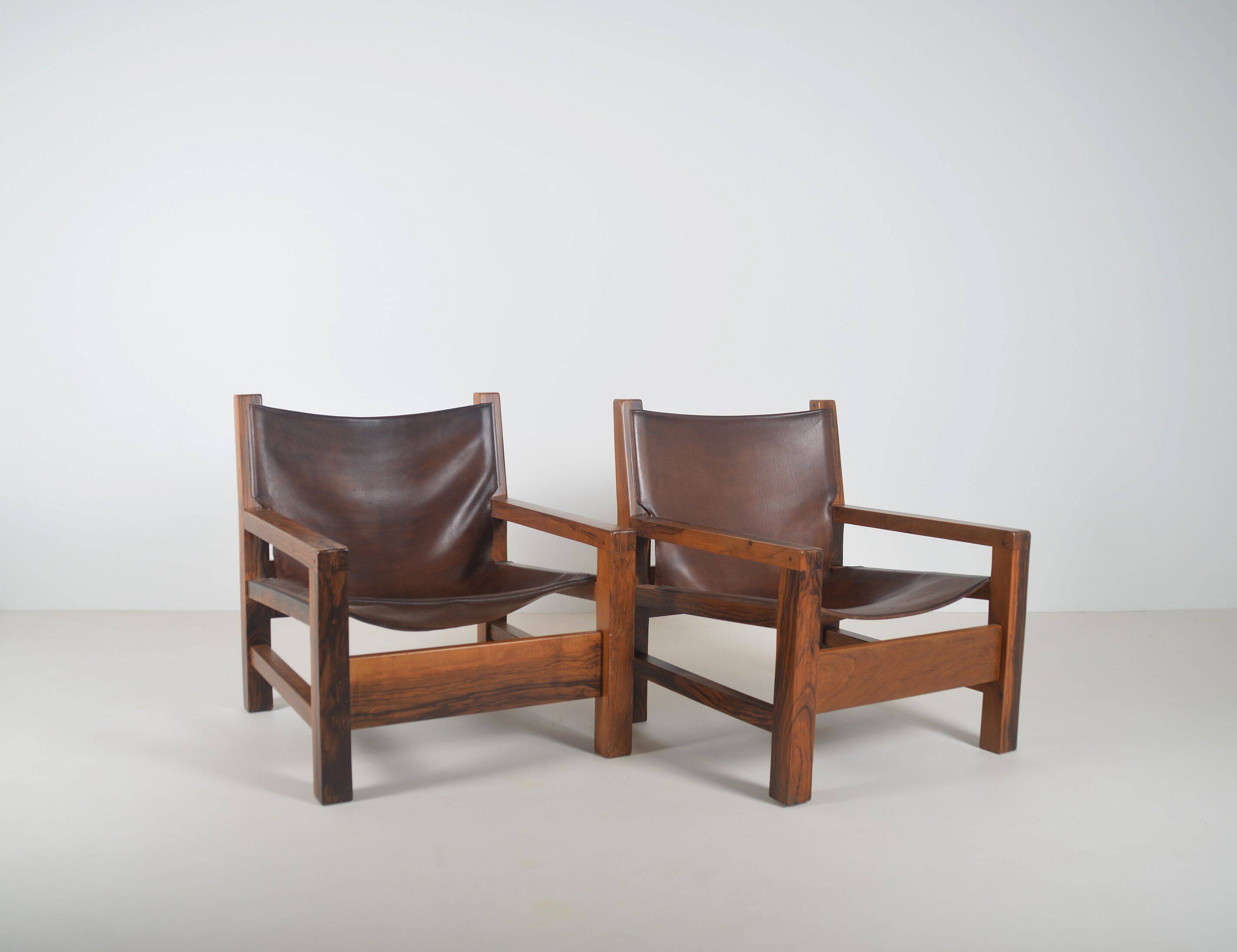 Set of French armchairs in olive wood with saddle leather, 1970s