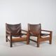 Set of French armchairs in olive wood with saddle leather, 1970s