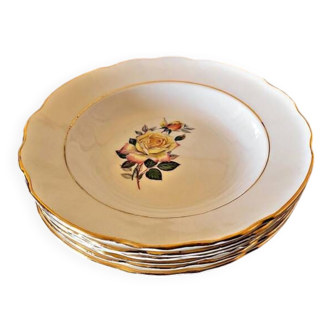 6 Gien Gardanne soup plates, pink and yellow, with gold trim