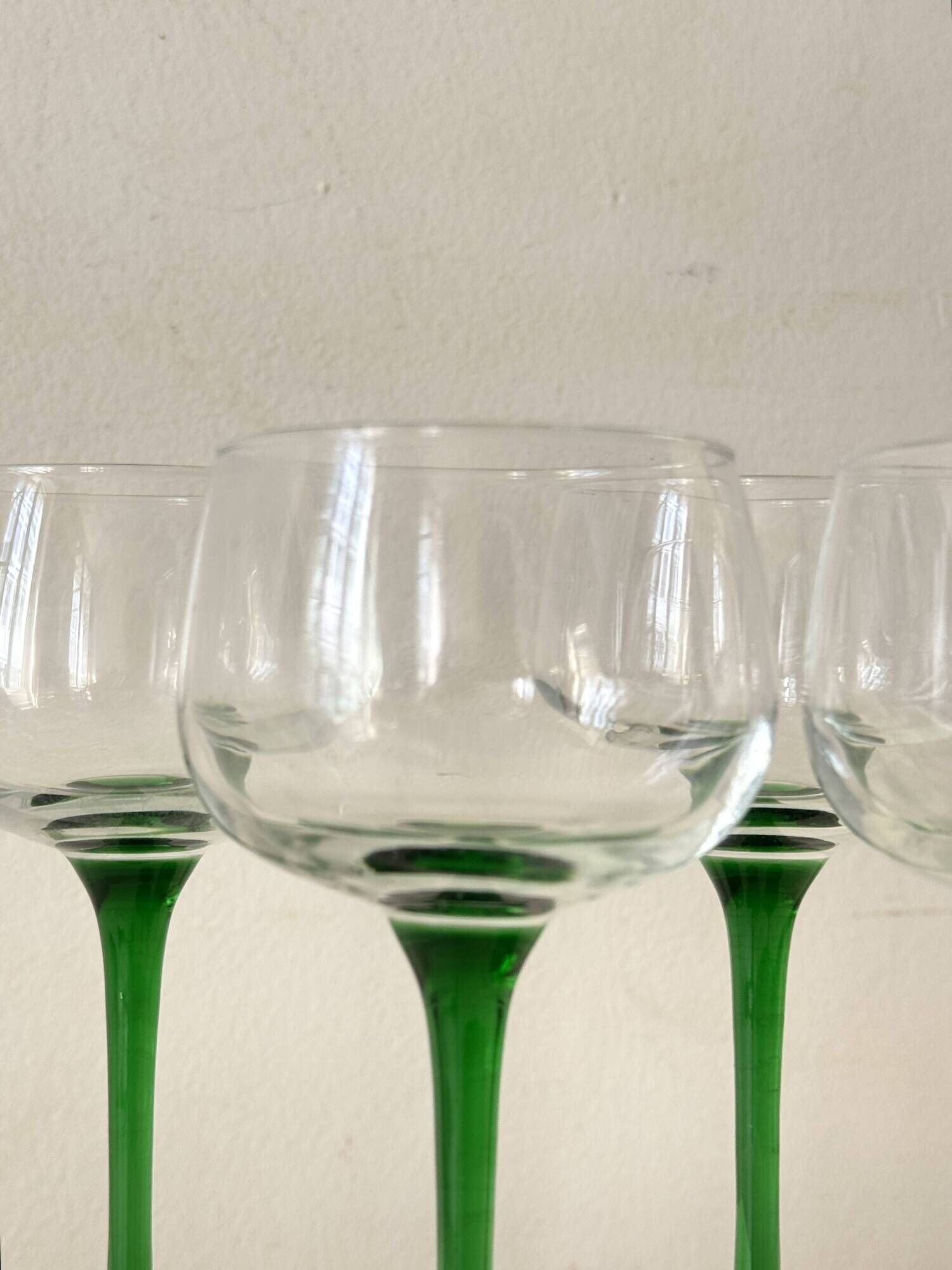 French service of green bottle glass wine glasses, Alsace 1970.