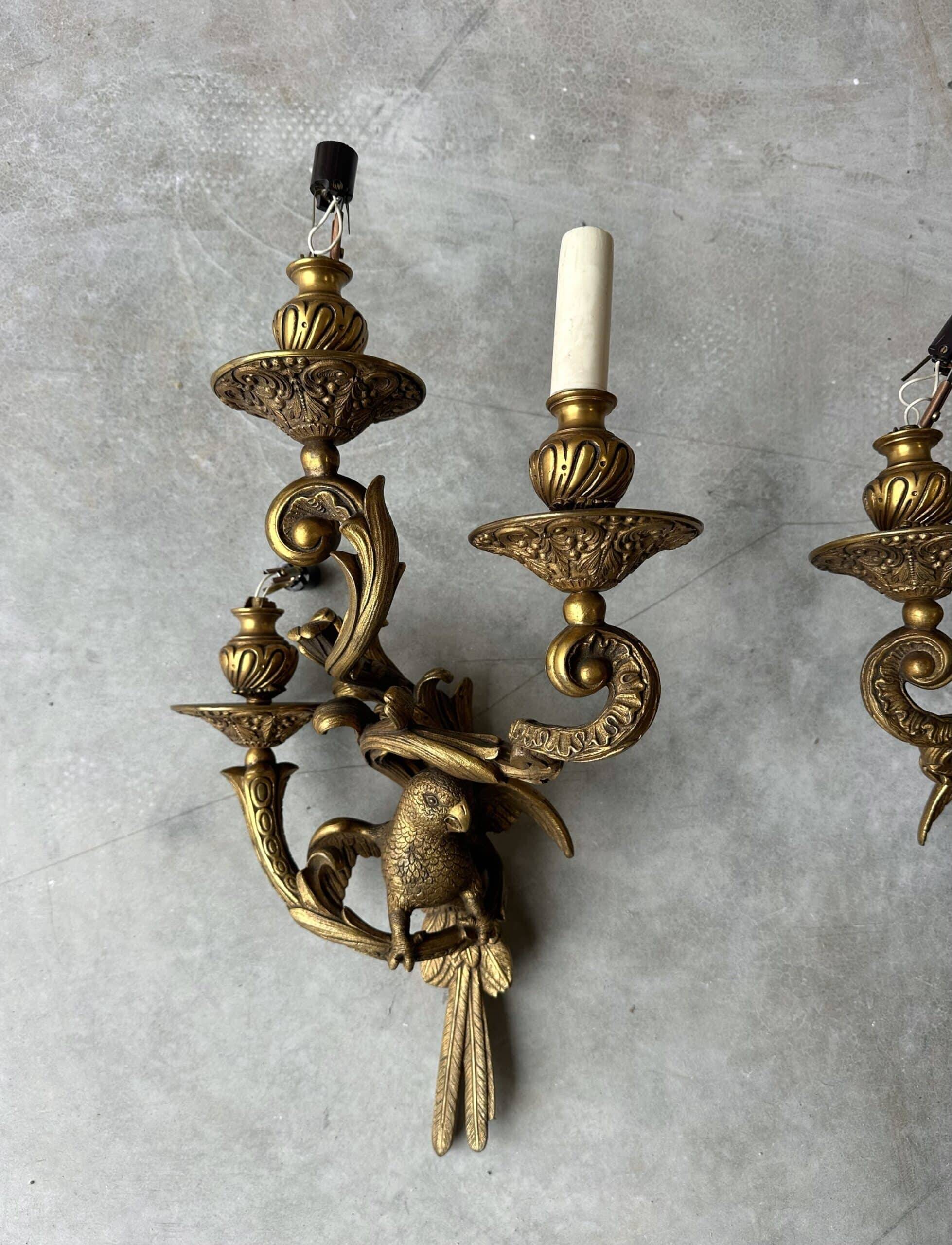 Pair of bronze wall sconces with parrots, early 20th century.