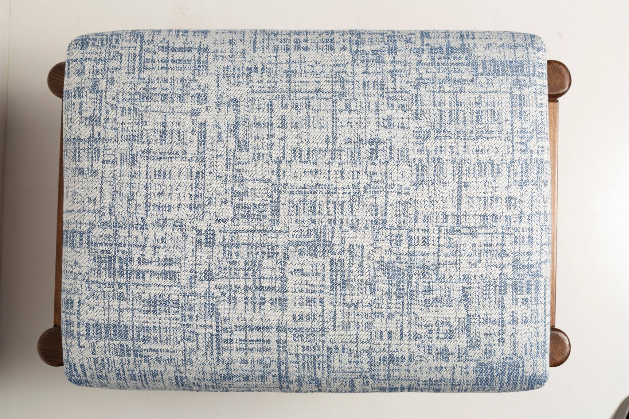 Mid-century vintage stool in white and blue linen, Edmund Homa, Europe, 1960s.