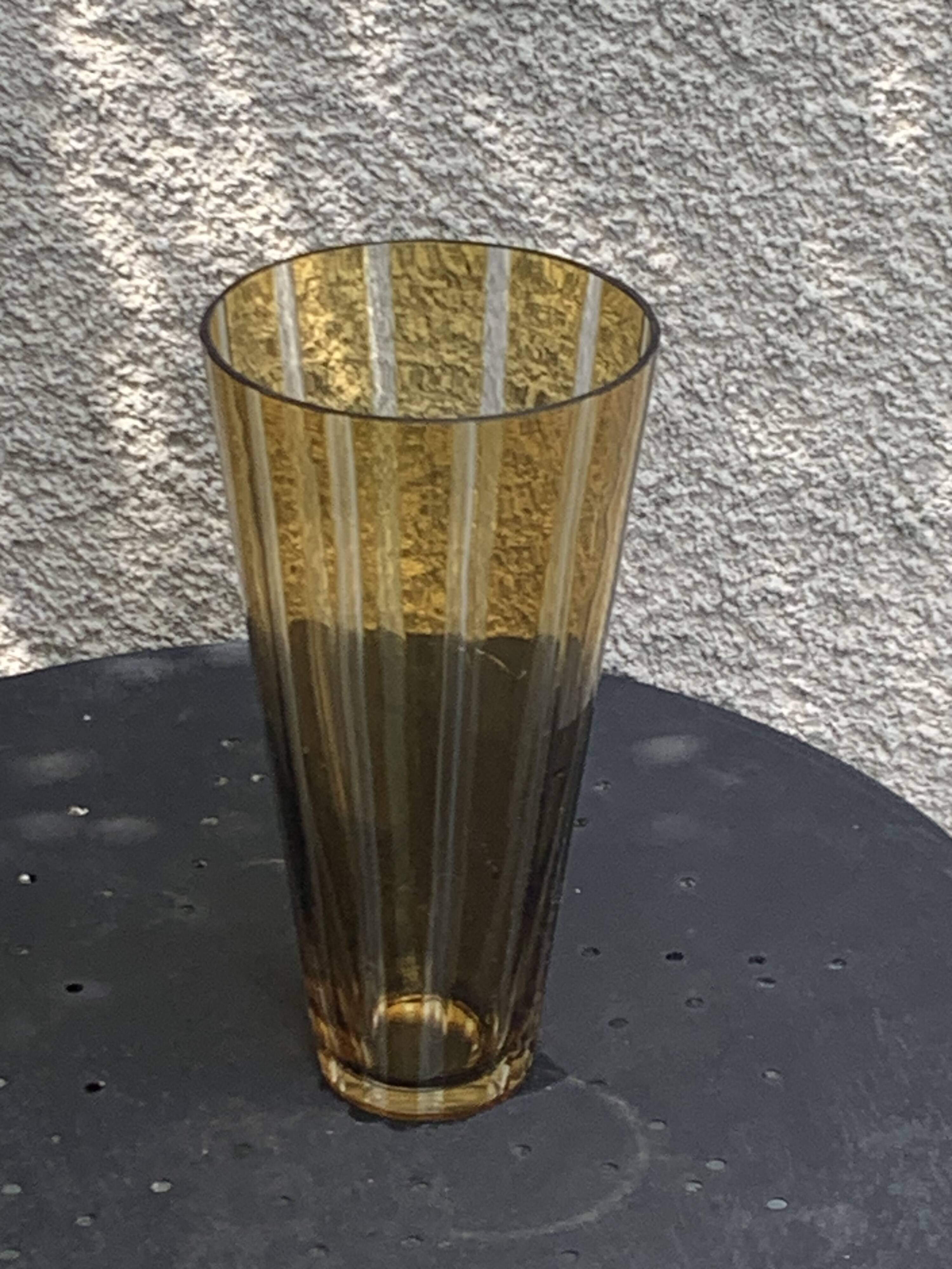Bayadere patterned vase in glass, transparent and vintage ochre