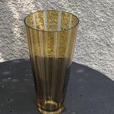 Bayadere patterned vase in glass, transparent and vintage ochre