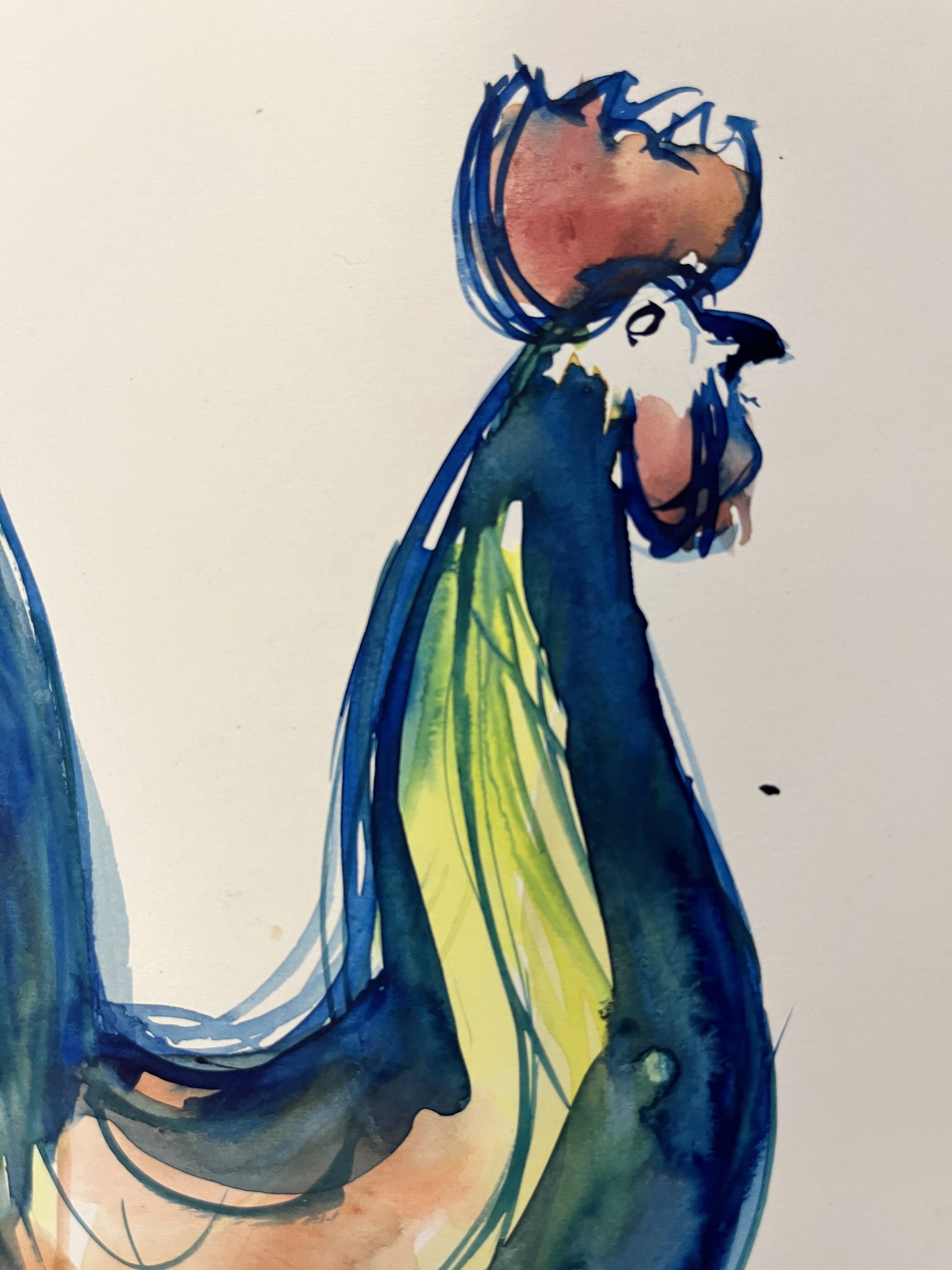 Badoisel charles, aquarelle coq bleu encadrement xxème