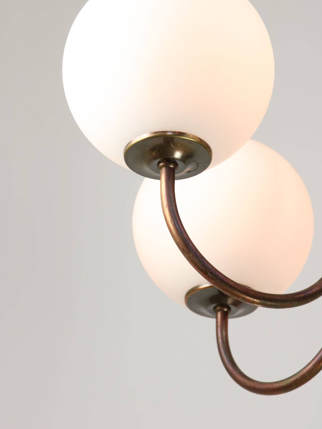 Vintage Italian Brass and Opaline Chandelier in Copper Color, 70s